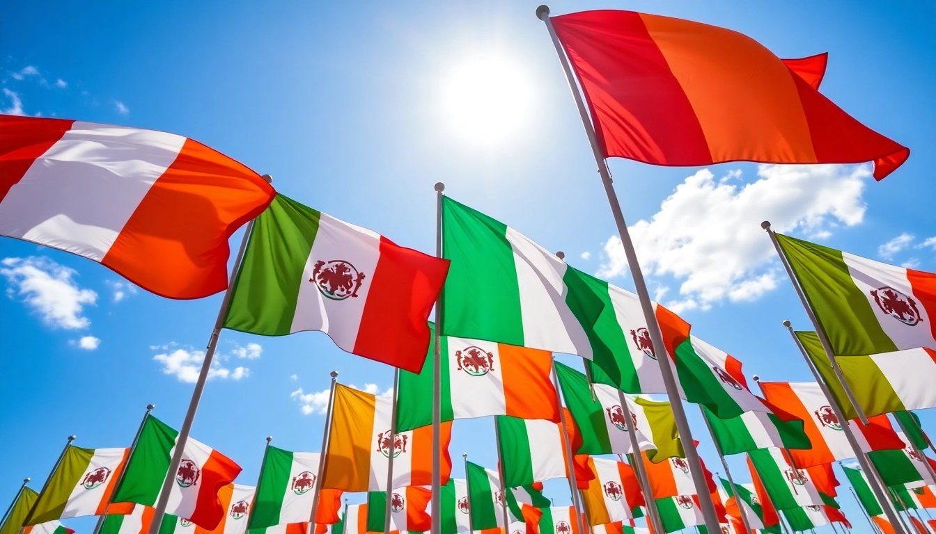 Custom flags Ireland fluttering in the wind, showcasing vibrant designs and colors perfect for events.