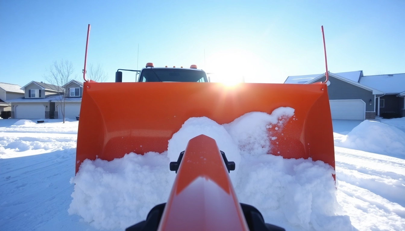 Snow removal service efficiently clearing a driveway with a bright snowplow.