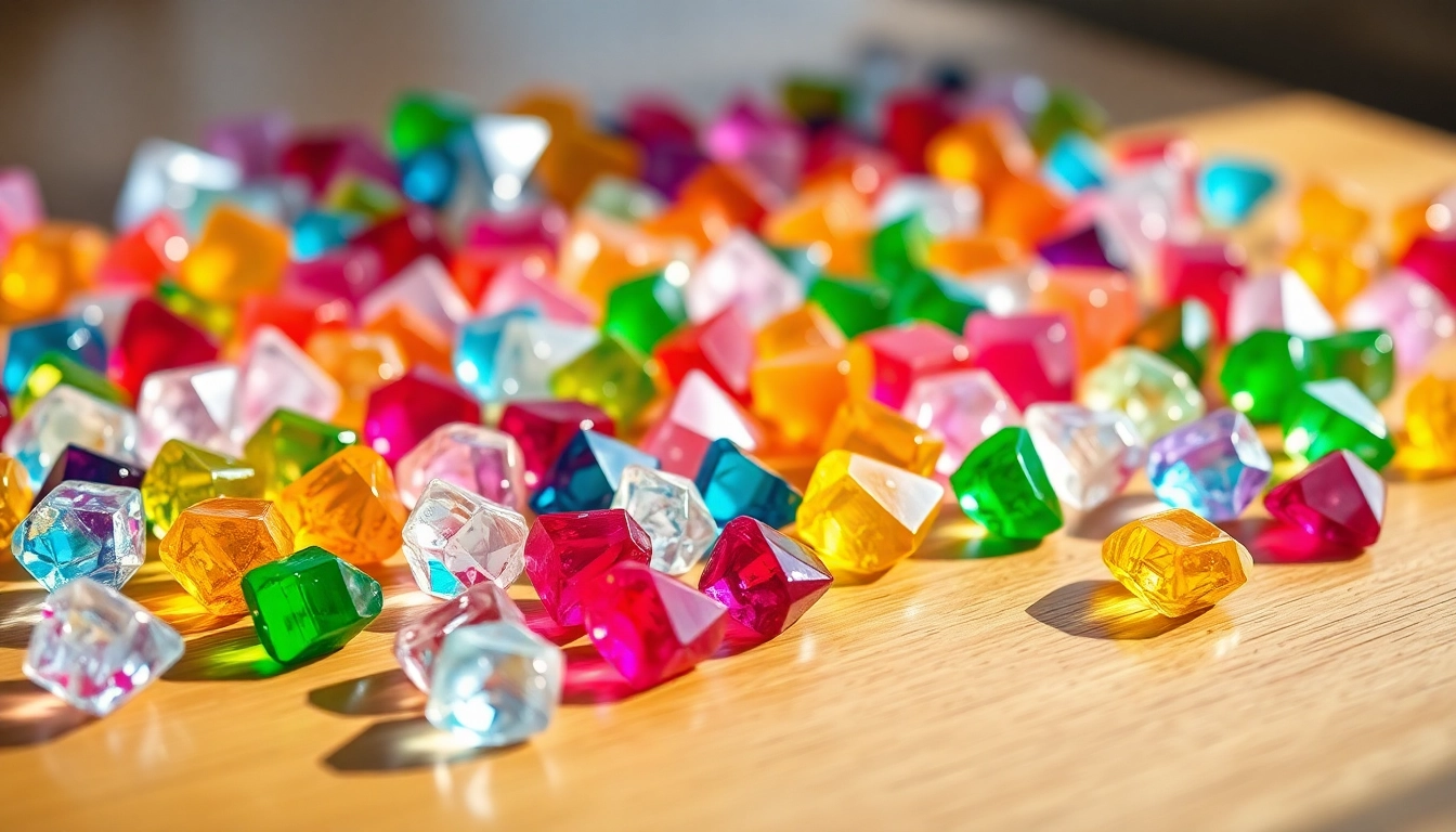 Glimmering crystal candy sparkling in sunlight, showcasing vibrant colors and jewel-like shapes.