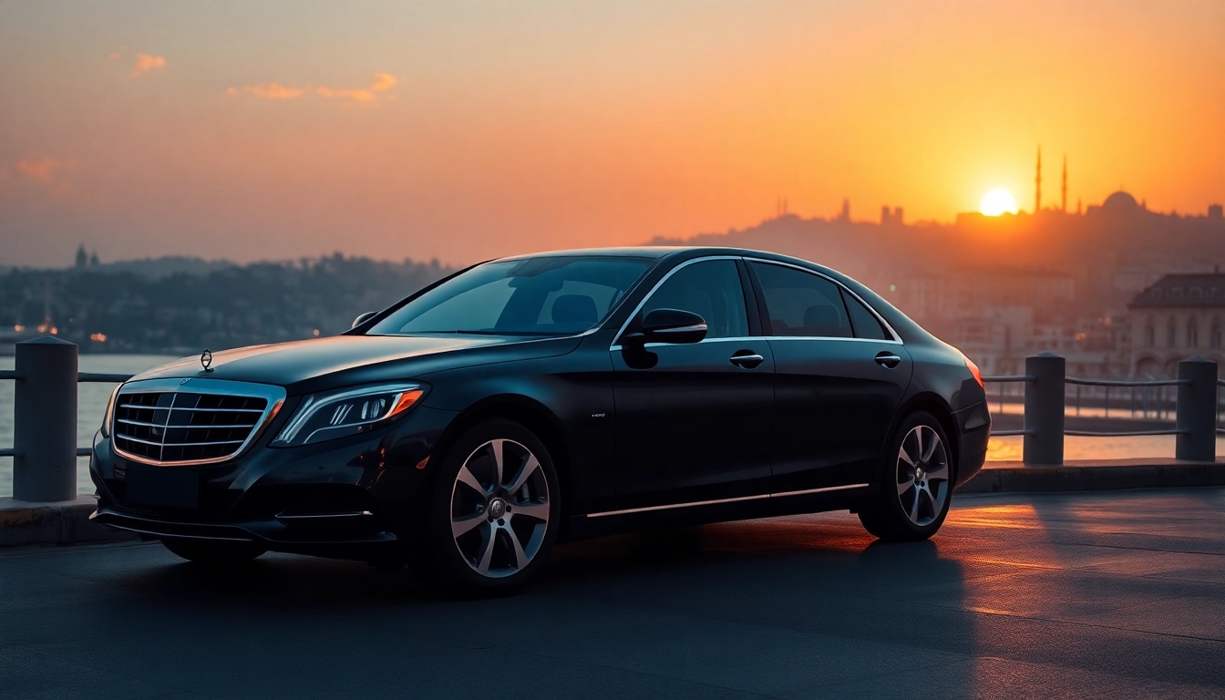 Experience luxury private car service in ISTANBUL with a stylish vehicle against a stunning sunset.