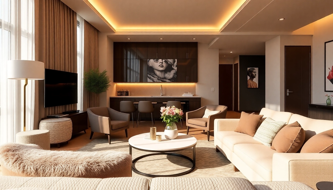 An inviting living space at Bloomsbury Residences showcases modern decor and warm lighting to enhance comfort.