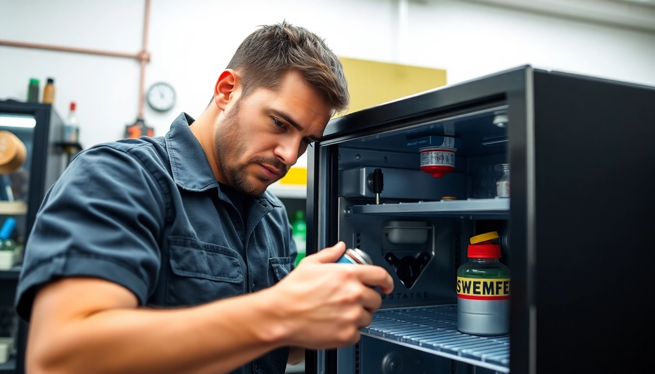 Skilled technician performs beverage cooler repair, focused on fixing vital components for optimal performance.