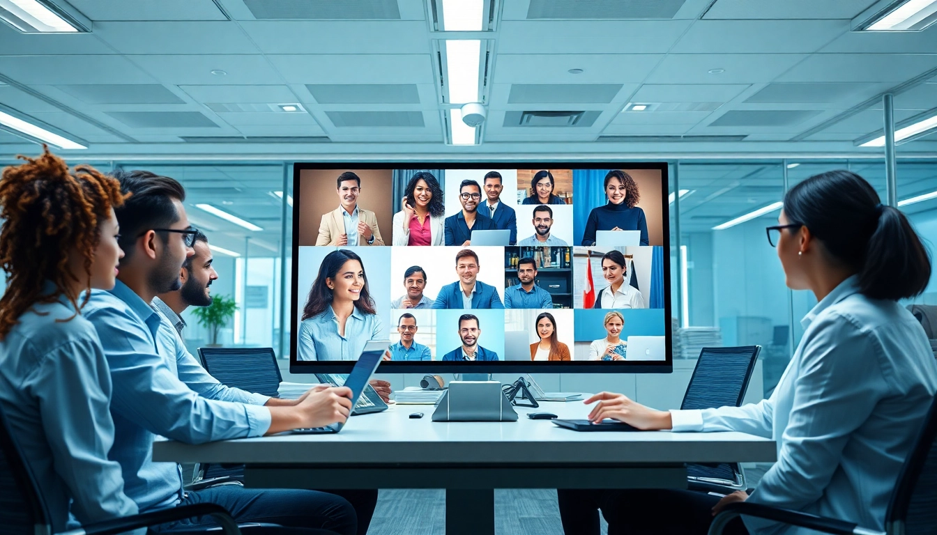 Outsourcing professionals collaborating through video conferencing in a modern office environment.