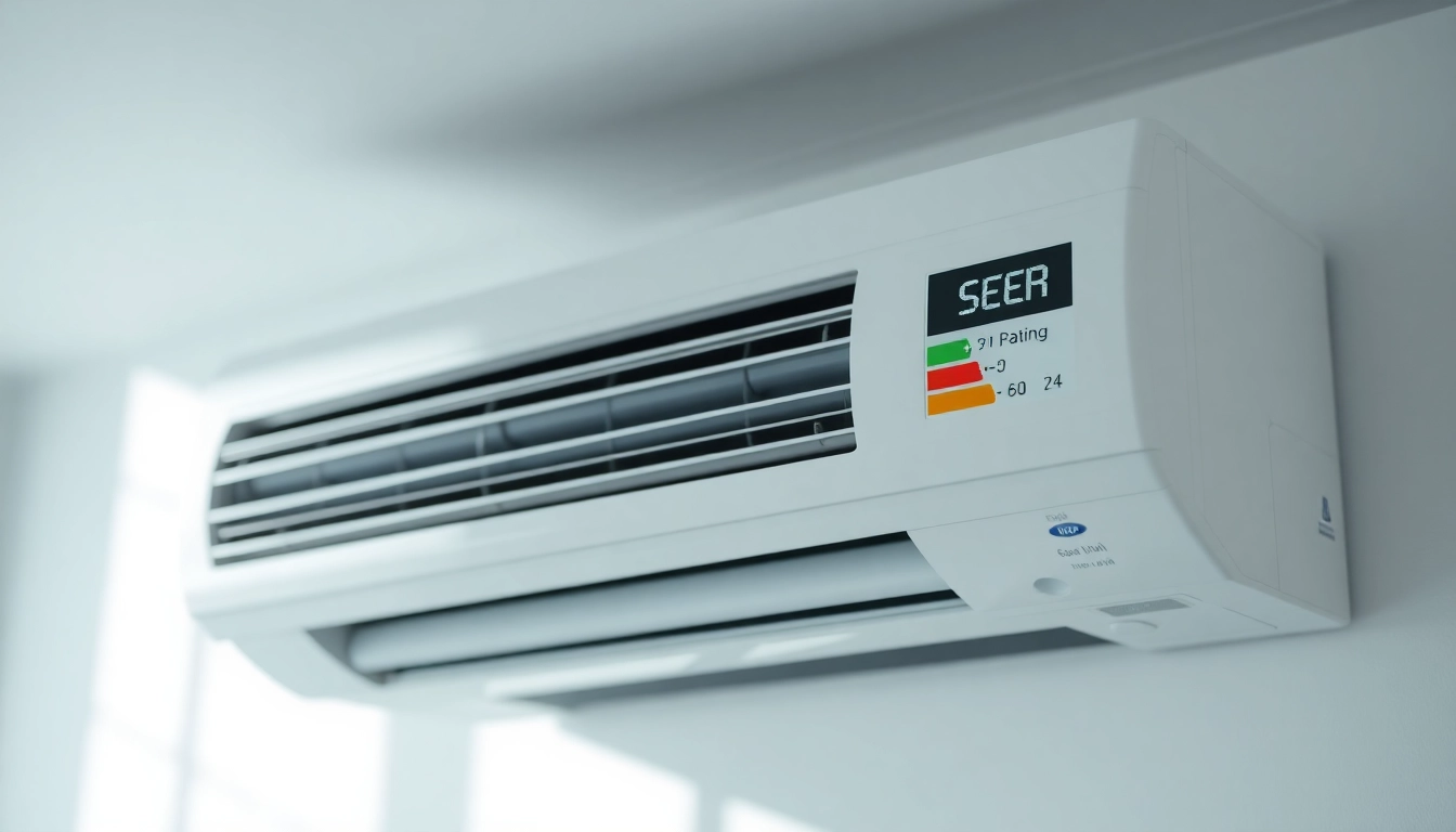 Learn what is a seer rating for ac by examining the displayed SEER rating on a high-efficiency air conditioning unit.