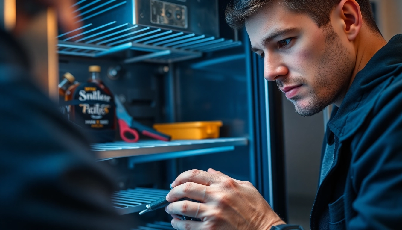 Technician performing beverage cooler repair, showcasing tools and cooling components in action.