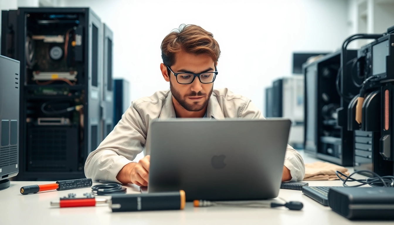 Riparazione computer settimo torinese con un tecnico esperto al lavoro su un laptop.