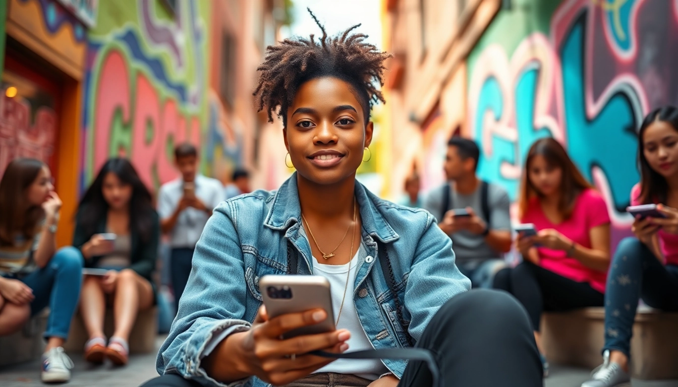 Showcasing Crushonia as a vibrant urban influencer amidst colorful street art.