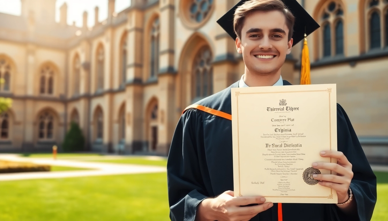 Graduate proudly displaying an original university degree UK outside a historic university building.
