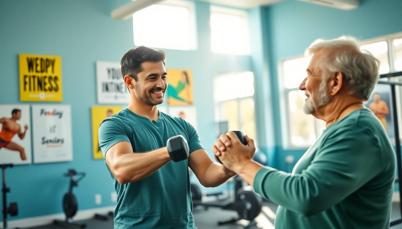 Senior Fitness trainer Jersey City guiding a healthy exercise session with an older client in an inviting gym.