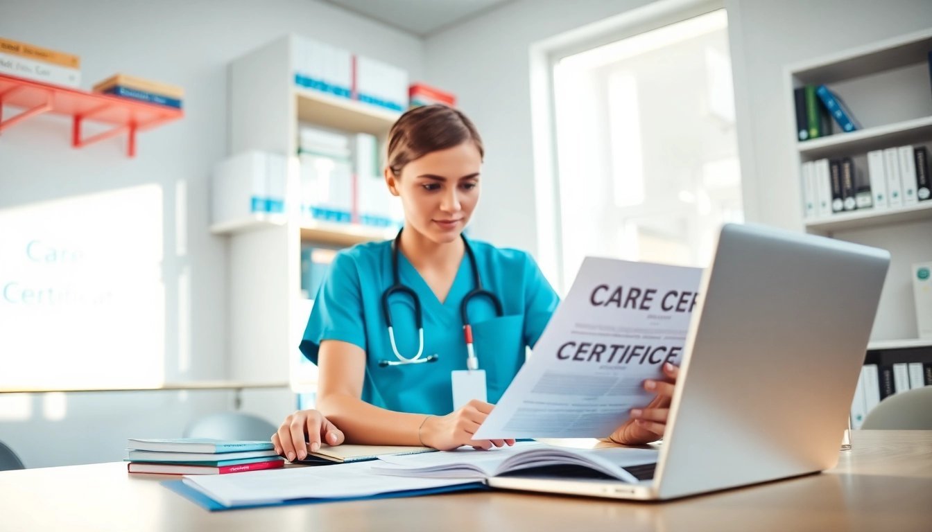 Reviewing care certificate answers all standards with a healthcare worker in a bright office.