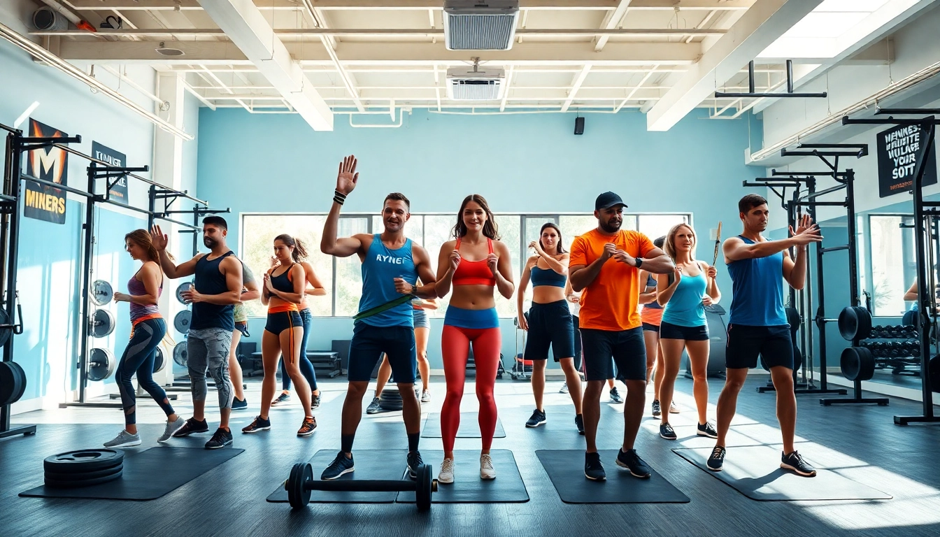 Participating in gym group training, a diverse group energizes each other in a modern fitness studio.