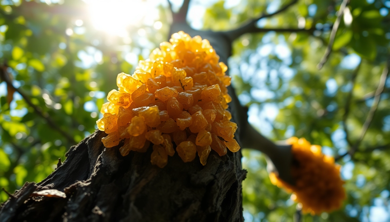 Découvrez le résidu de benjoin brillant récolté sur l'arbre dans un cadre naturel.