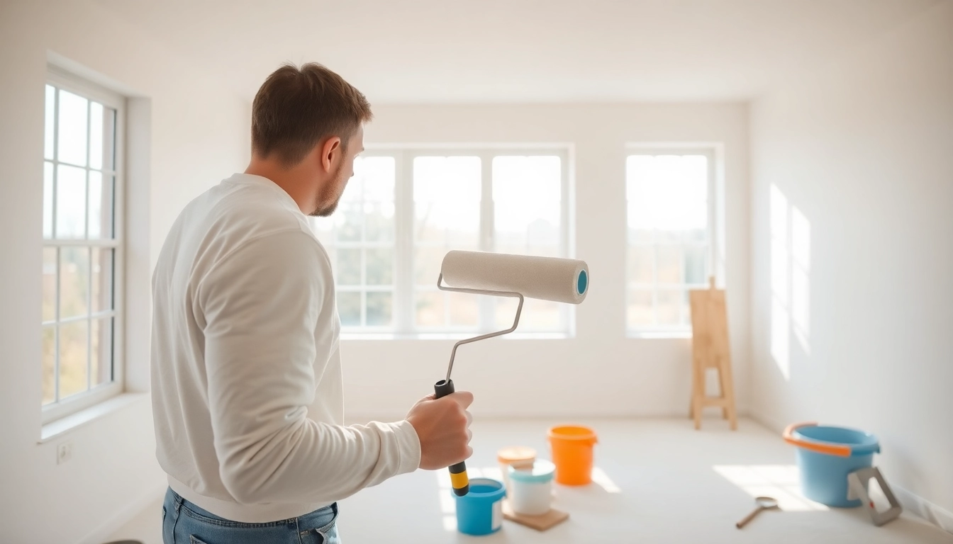 Efficient drywall painting showcased as a professional applies paint to fresh drywall surfaces.