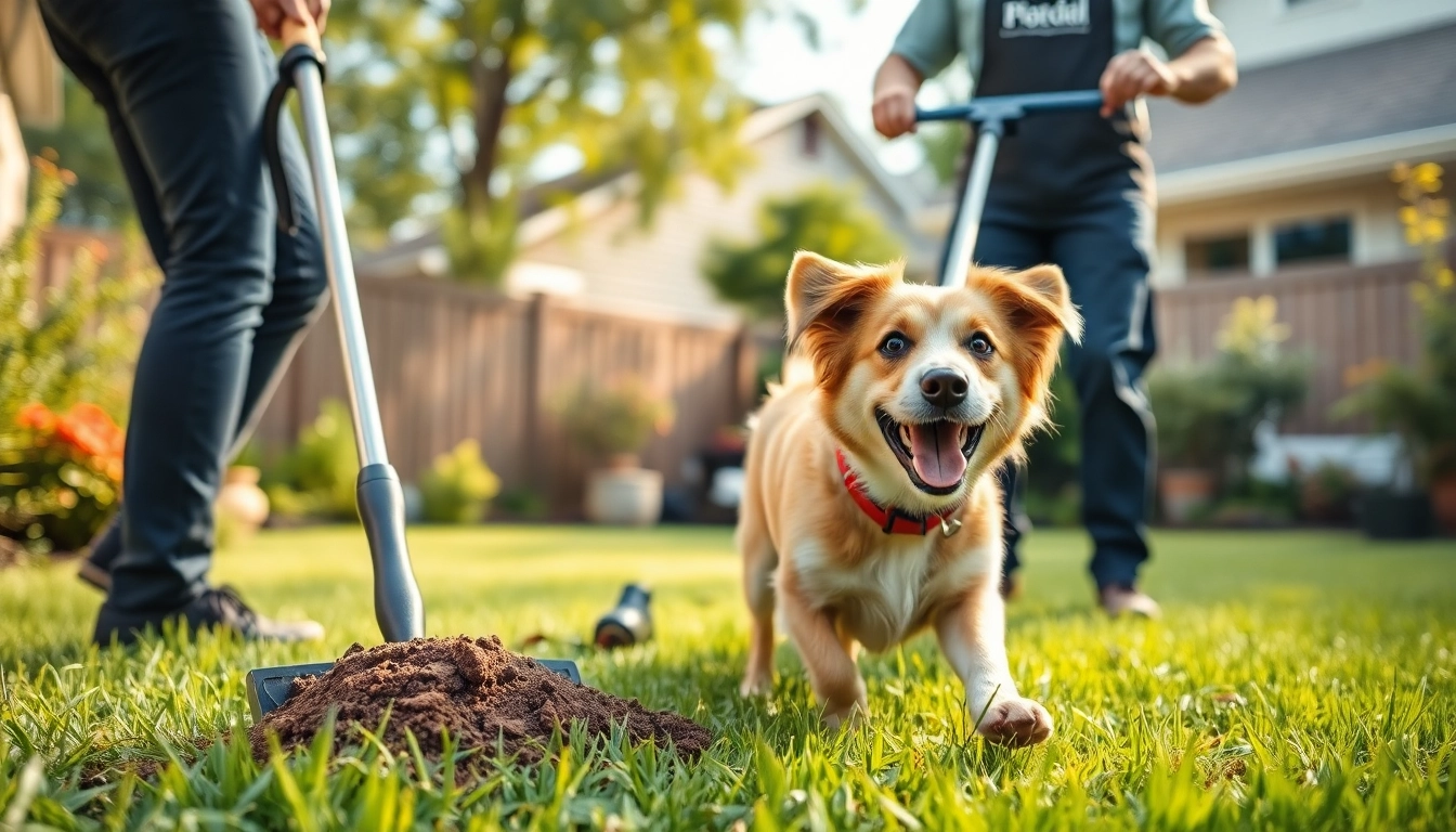 Engaging weekly dog poop scooping scene with a cheerful technician and playful dog.