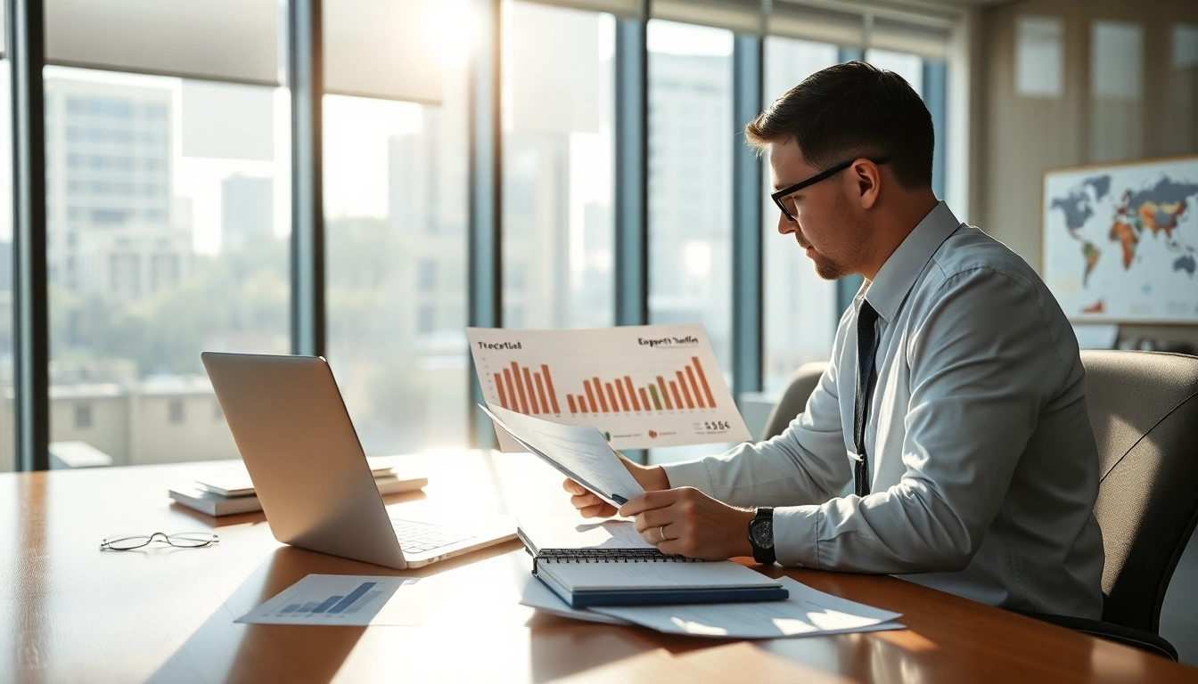 Analyze export tariffs impacts with a focused economist in a bright office setting.