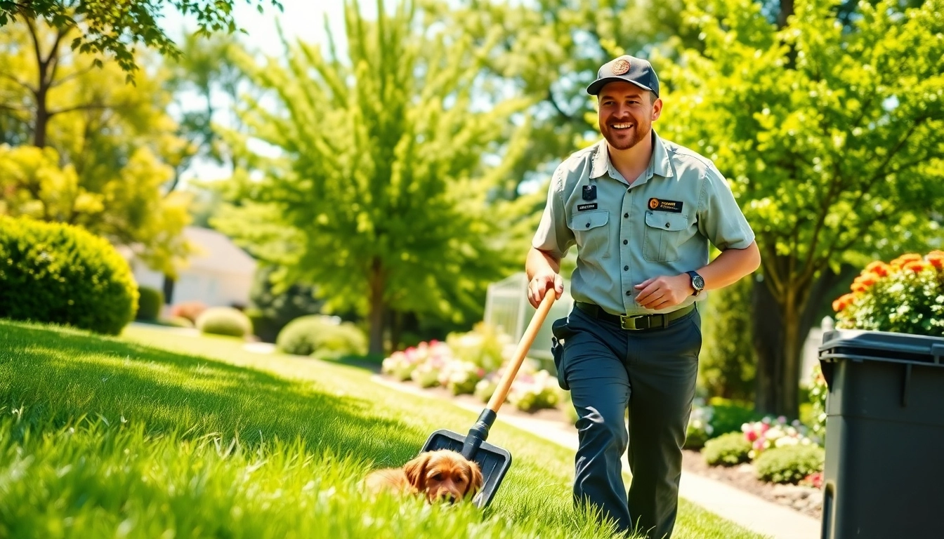 Dog poop pickup service actively cleaning a lawn, ensuring pet waste is removed efficiently.