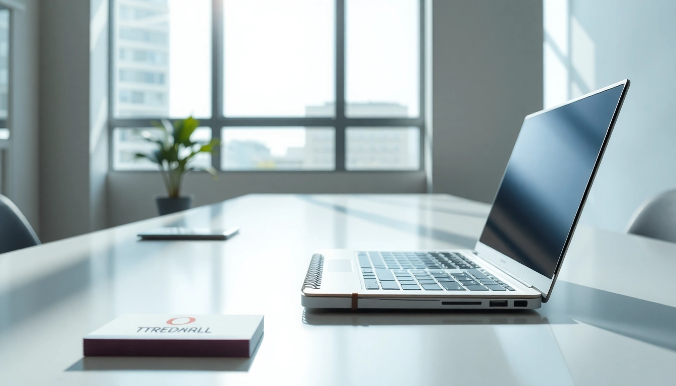 Display a trademark logo on a laptop alongside branding materials in a professional workspace.