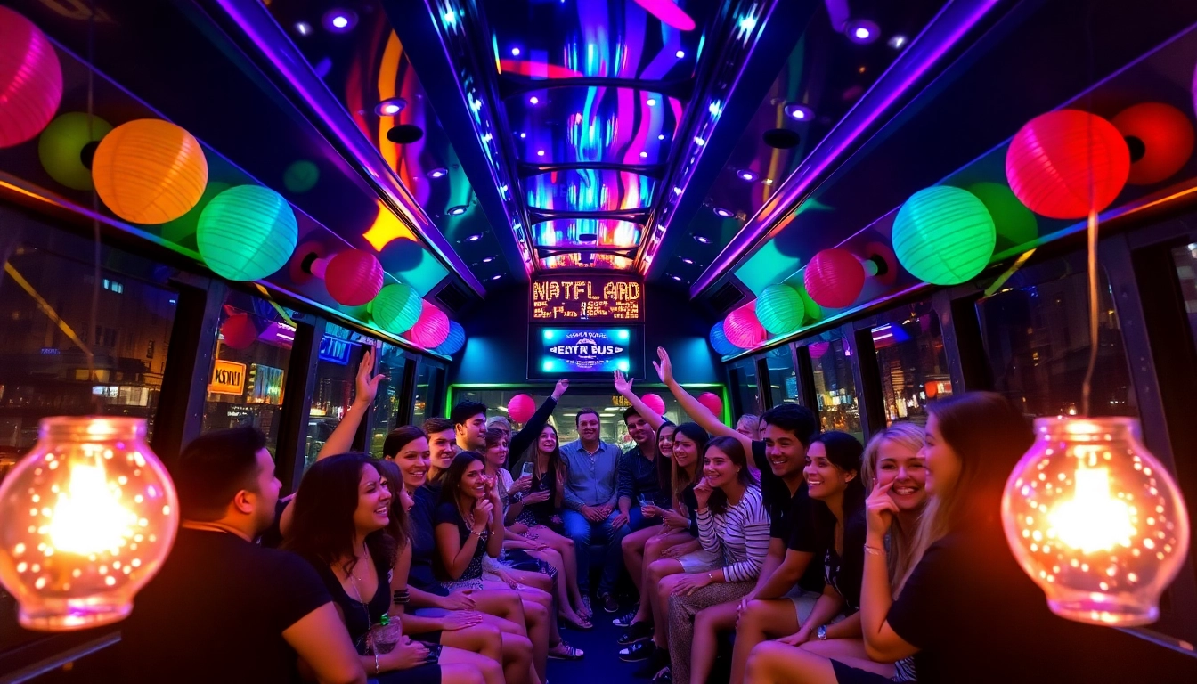 Rent an Atlanta party bus for a memorable night out with friends, featuring vibrant interiors and dazzling lights.