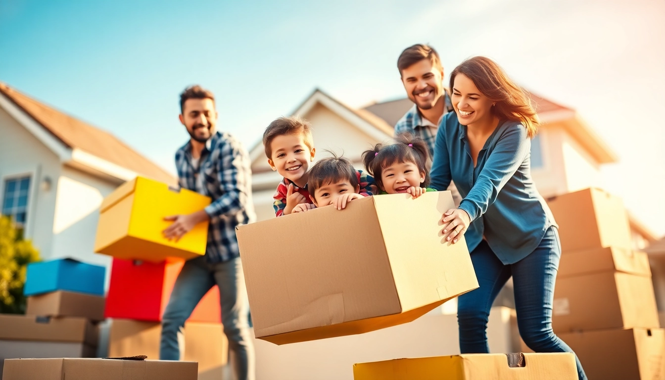 Energetic scene of a family engaging in house moves, highlighting joy and teamwork.