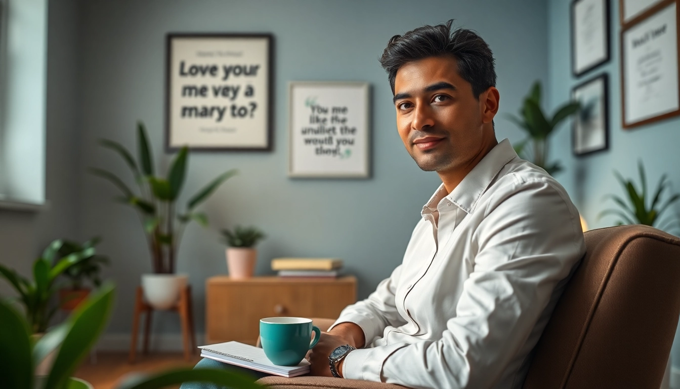 Illustration of a therapist providing support while dealing with anxiety in a calming office setting.
