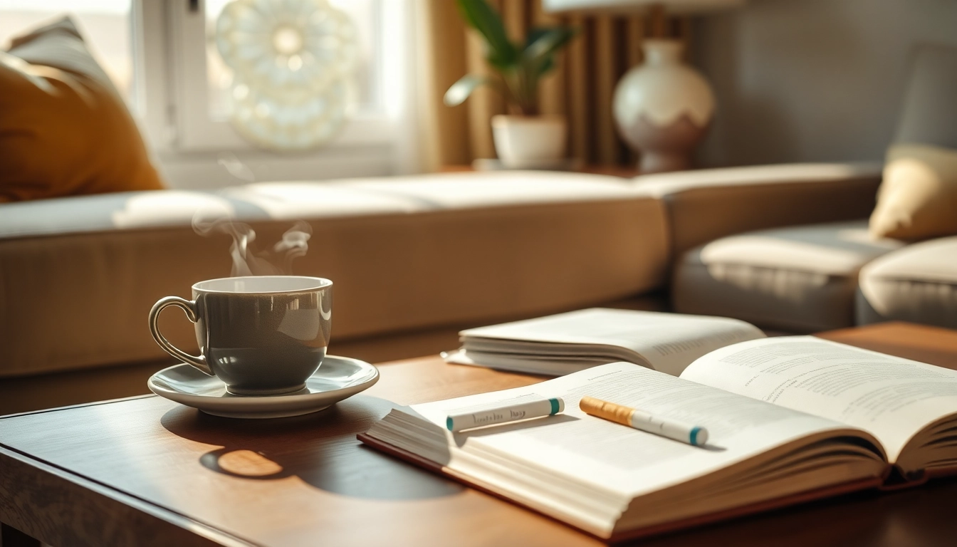 Enjoying nicotine free cigarettes alongside coffee in a cozy living room setting.