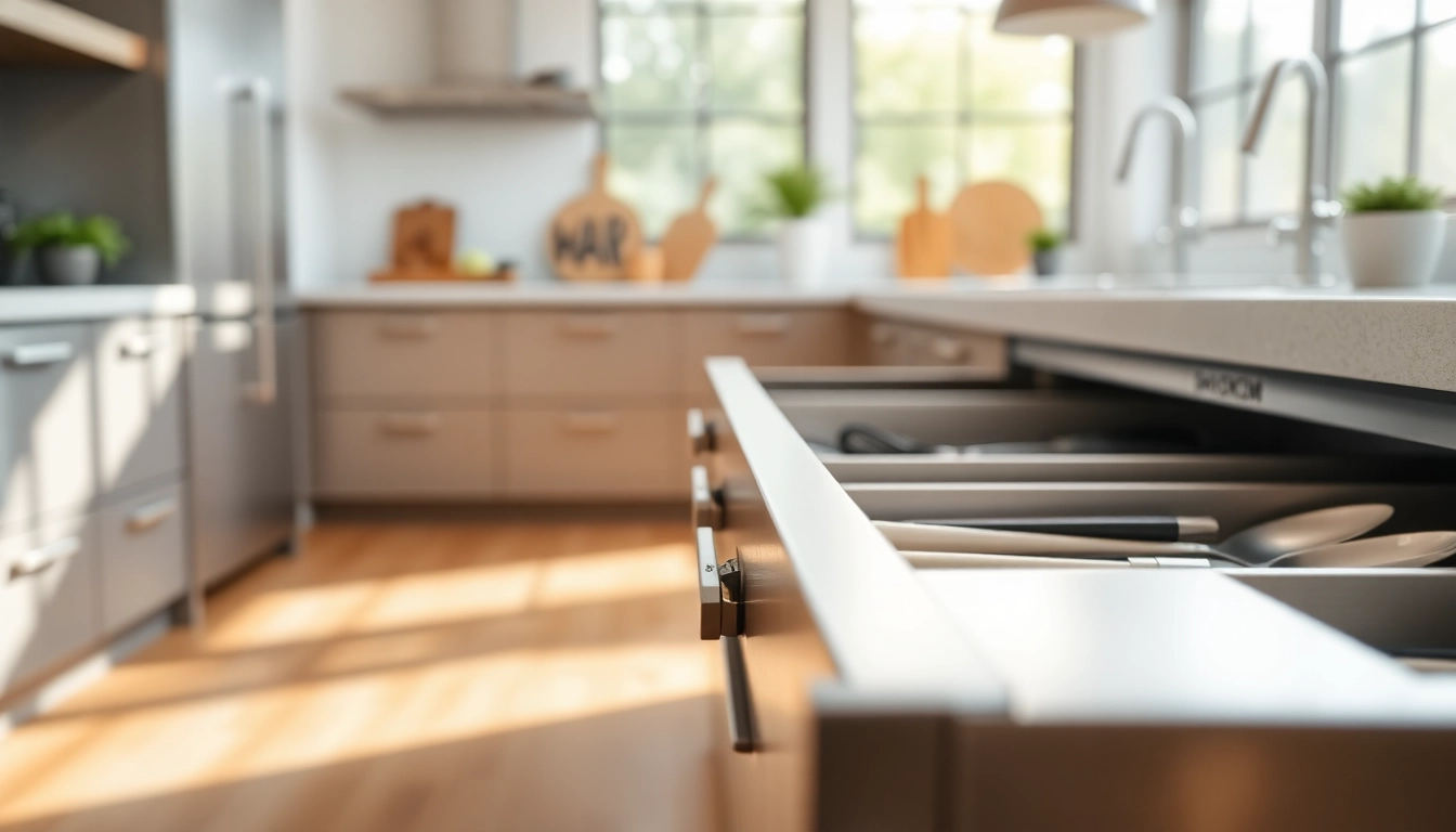 Showcasing a high-quality Metal Drawer System with an organized arrangement of kitchen utensils.