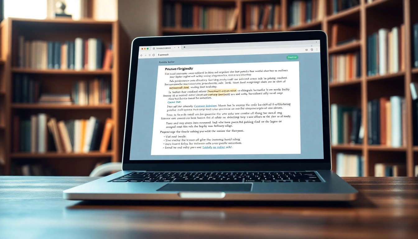 Explore a plagiarism detector tool on a laptop displaying an originality percentage in an academic setting.