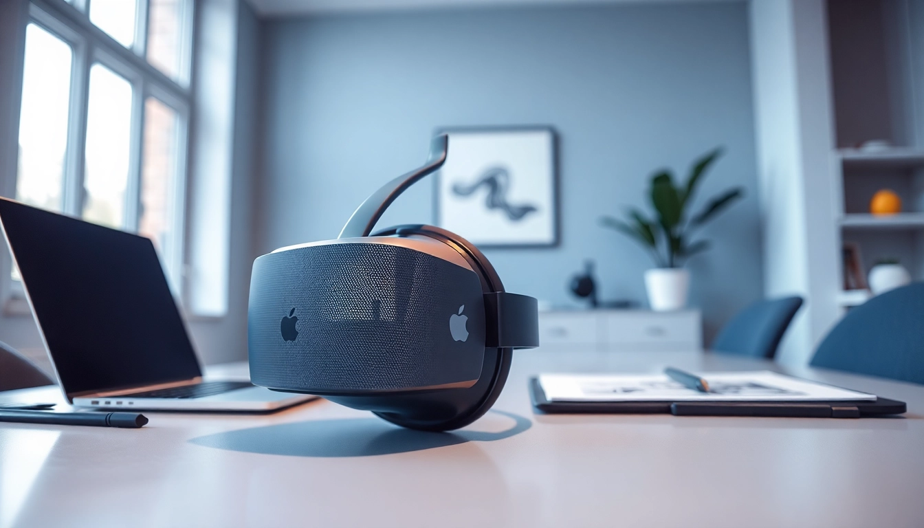Capture the essence of buying the Vision Pro headset within a modern workspace.