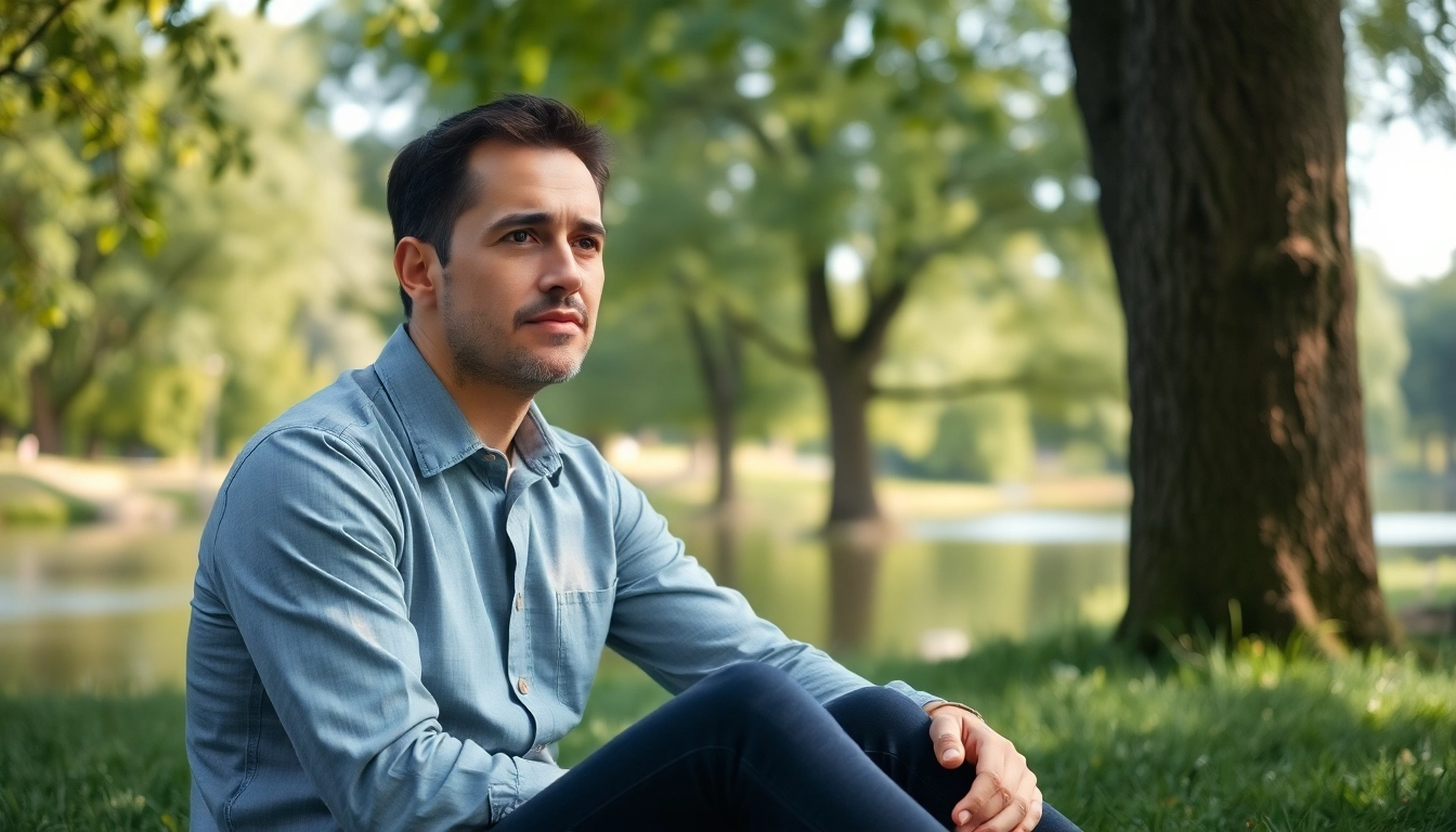 Person reflecting in a park while dealing with depression, conveying a sense of calm.