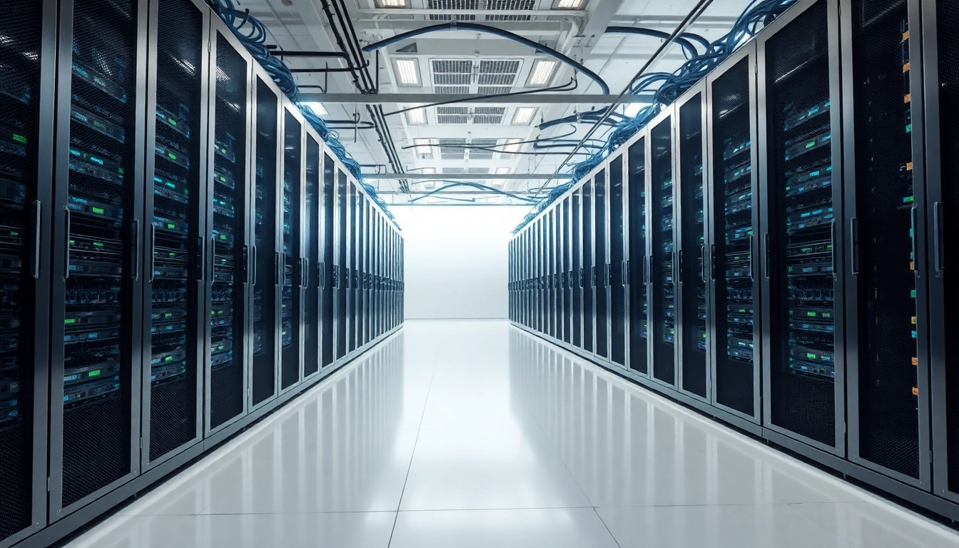 Illustration of network infrastructure displaying high-tech servers and organized cabling setup.
