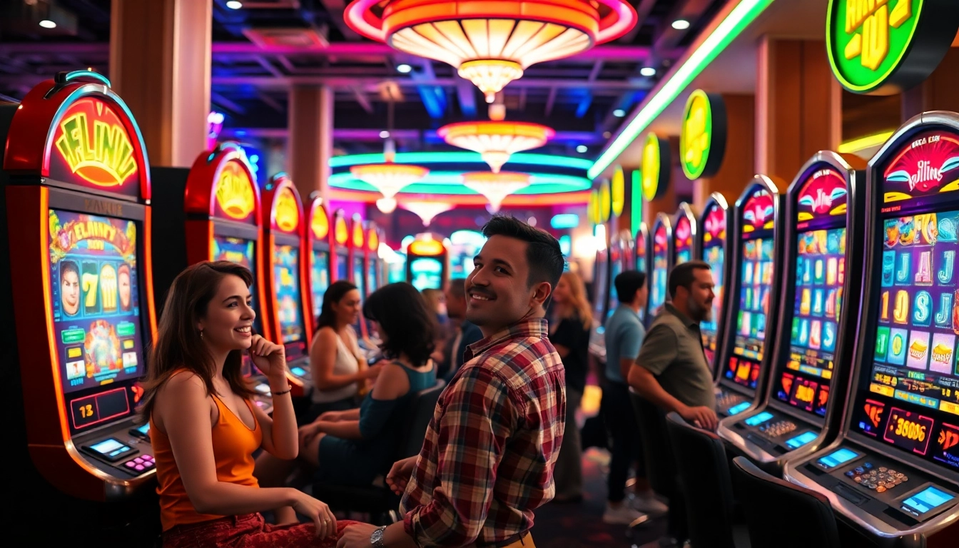 Memainkan situs slot batman138 di kasino modern dengan mesin slot cerah dan pemain antusias.