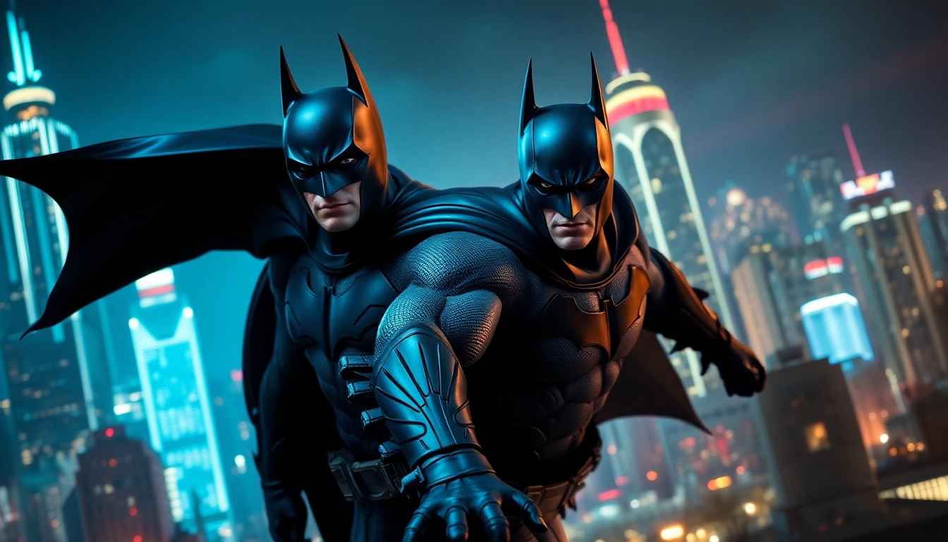 Bermain game batman138 dengan aksi heroik Batman di latar belakang Gotham City futuristik.
