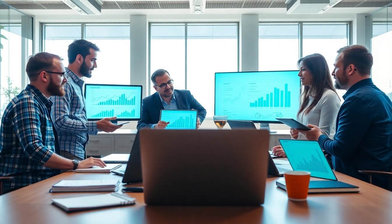 Analyze competitive intelligence in a professional office with a diverse team collaborating.