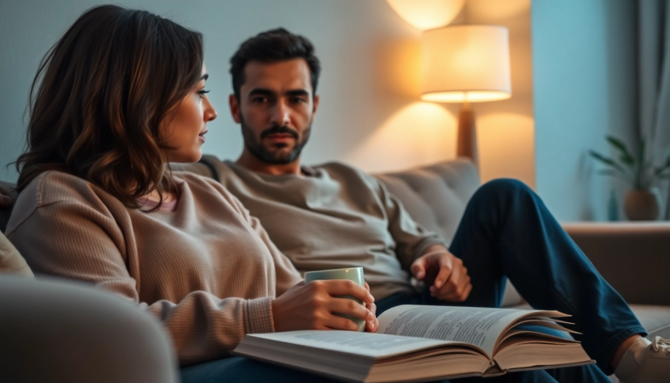 Couple engaging in deep conversation, showcasing communication in relationships in a cozy setting.