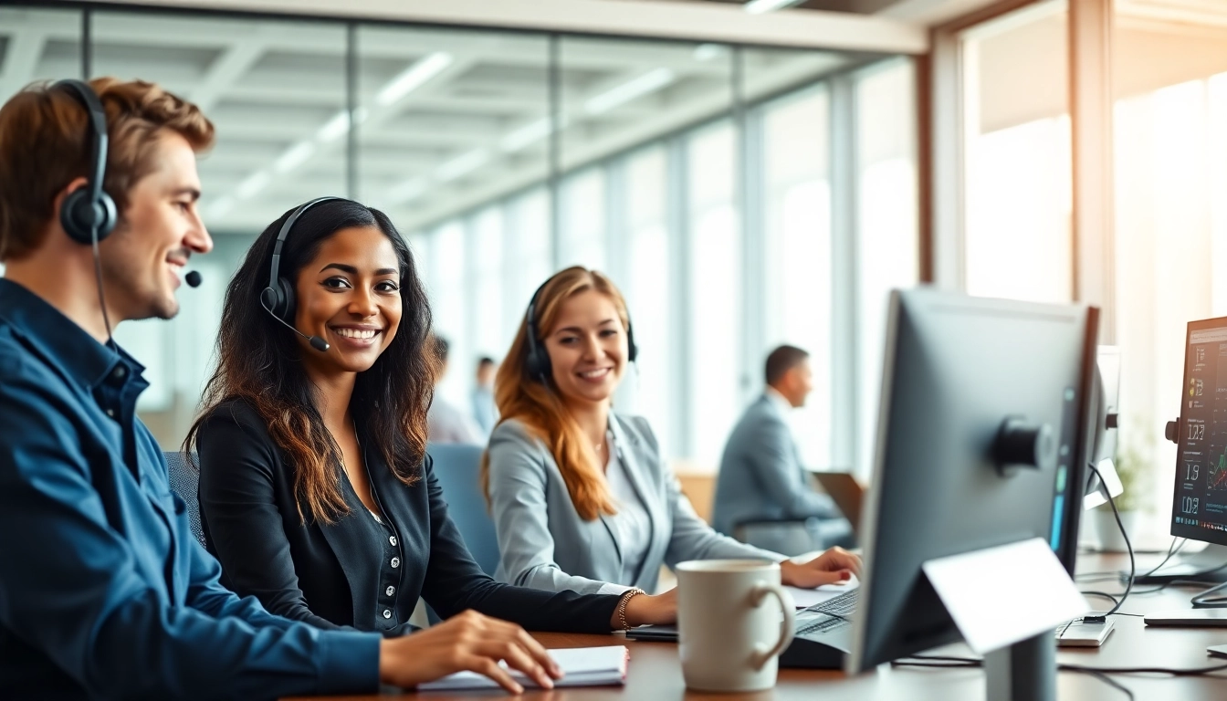 Agents providing Call center services in a collaborative office environment, showcasing teamwork and professionalism.