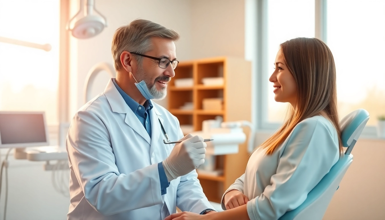 Conducting dental checkups in a modern clinic with a reassuring dentist.