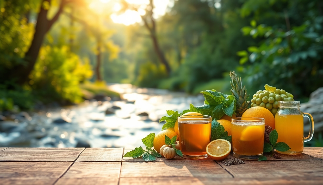 Entgiftung durch frische, gesunde Lebensmittel und Herbal-Tees in einer natürlichen Umgebung.
