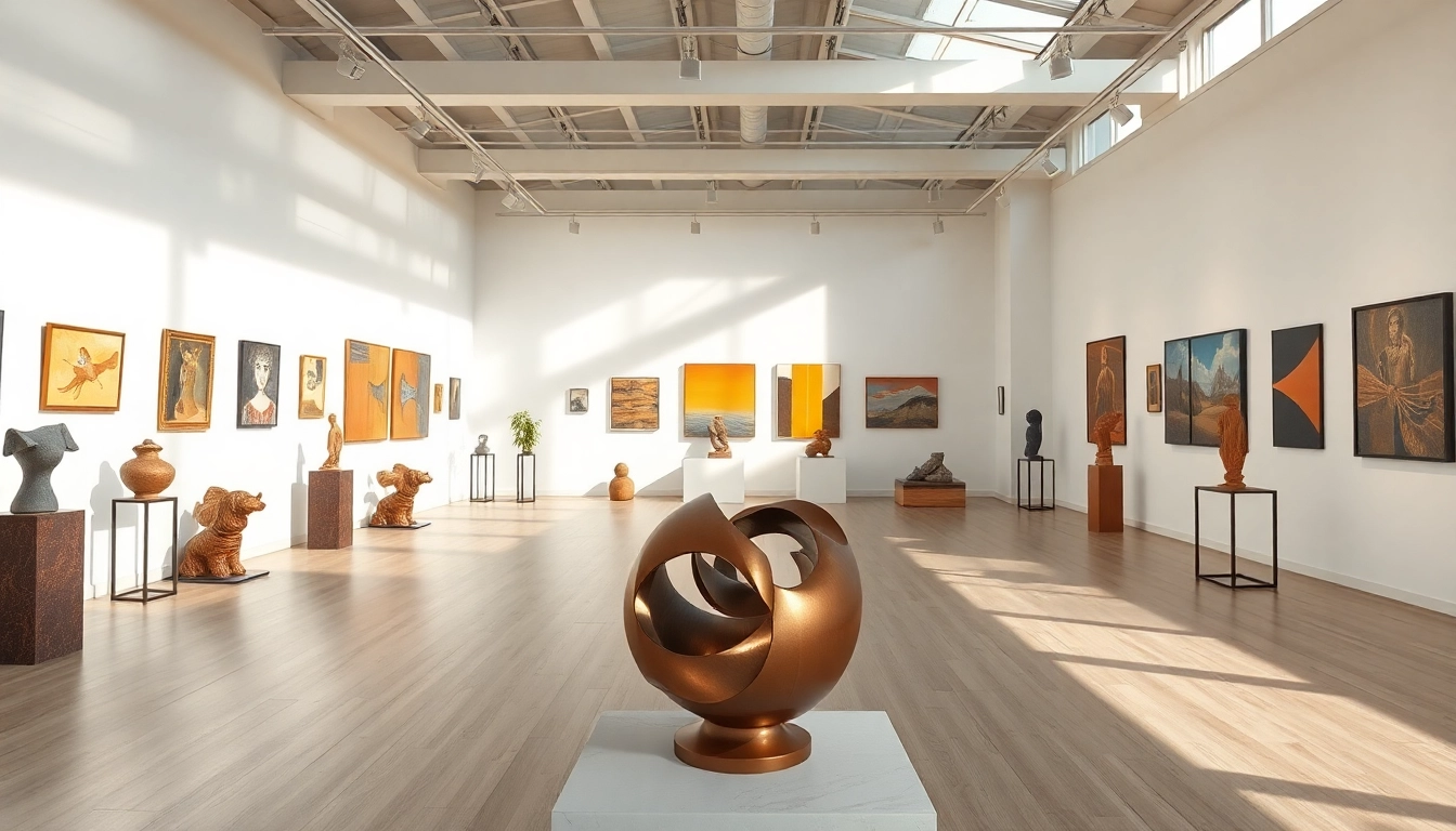 Art displayed in the in lieu gallery, featuring contemporary sculptures and paintings, inviting visitors to engage.