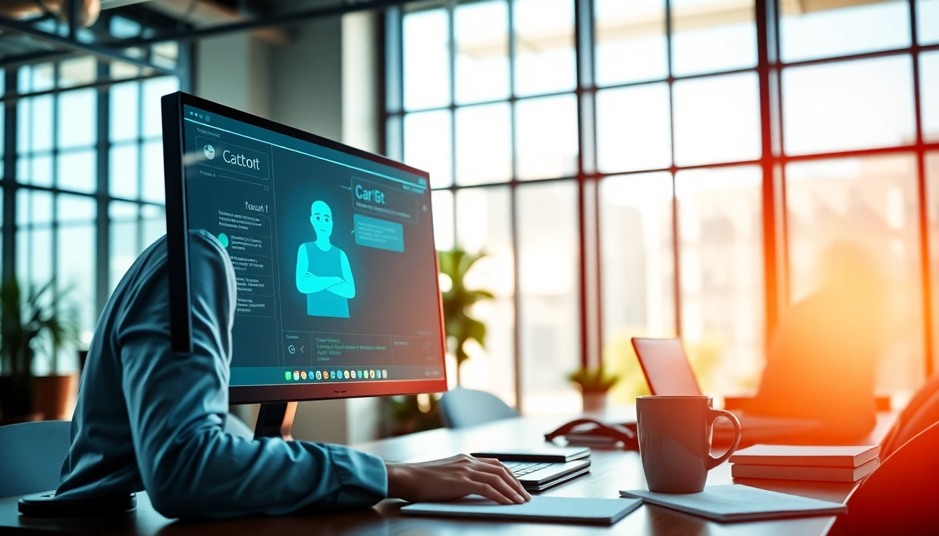 Engaging AI bot for websites enhancing user experience in a modern office.