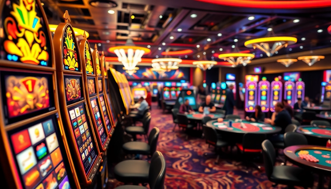 Menggambarkan suasana situs resmi batman138 dengan mesin slot berwarna-warni dan pemain yang antusias.