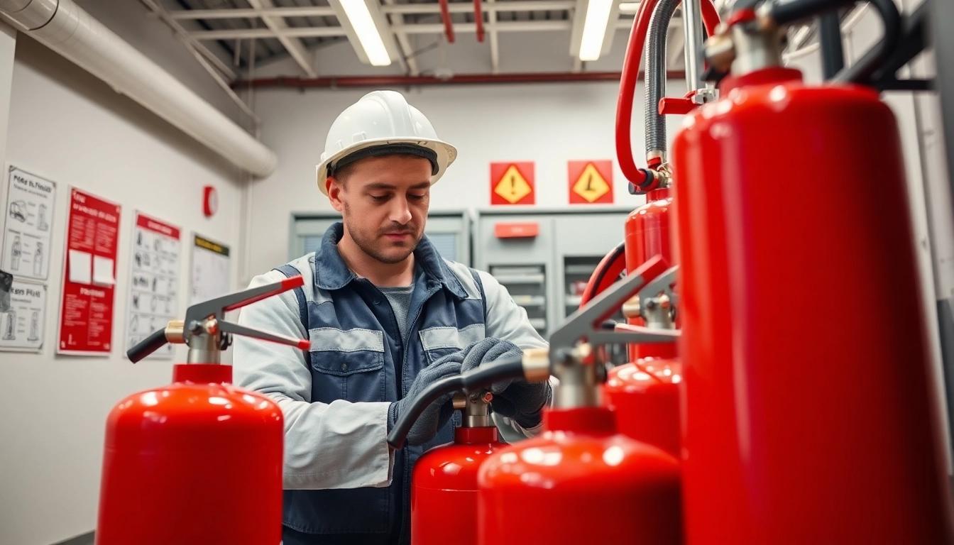 Fire extinguisher servicing Cannock with a technician inspecting equipment in a professional setting.