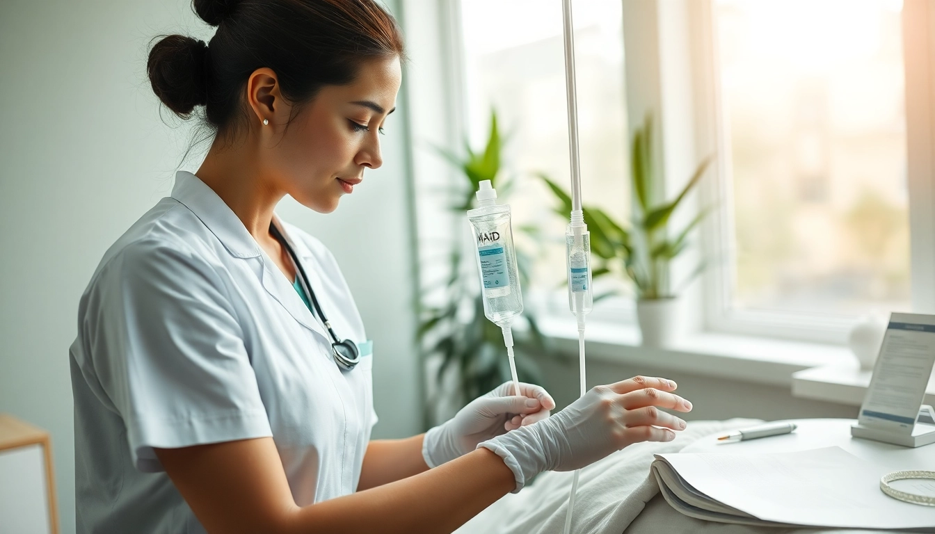 NAD IV therapy side effects illustrated with a nurse administering treatment to a patient in a calming clinic.