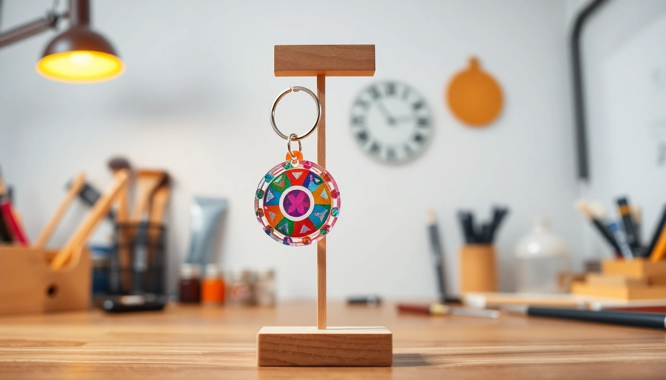 Showcasing custom acrylic keychain with vibrant colors and intricate designs for personalization.
