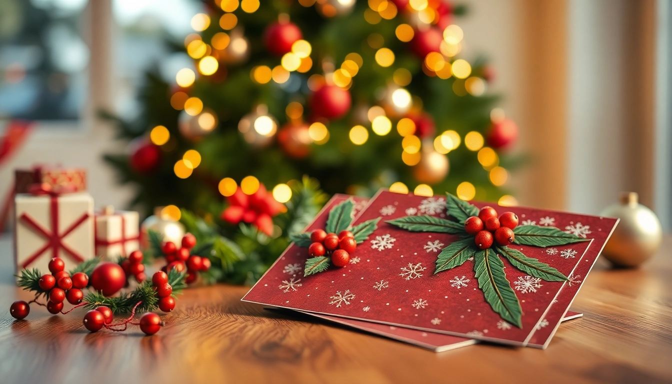 Showcase of online Christmas cards London featuring festive designs on a wooden table.
