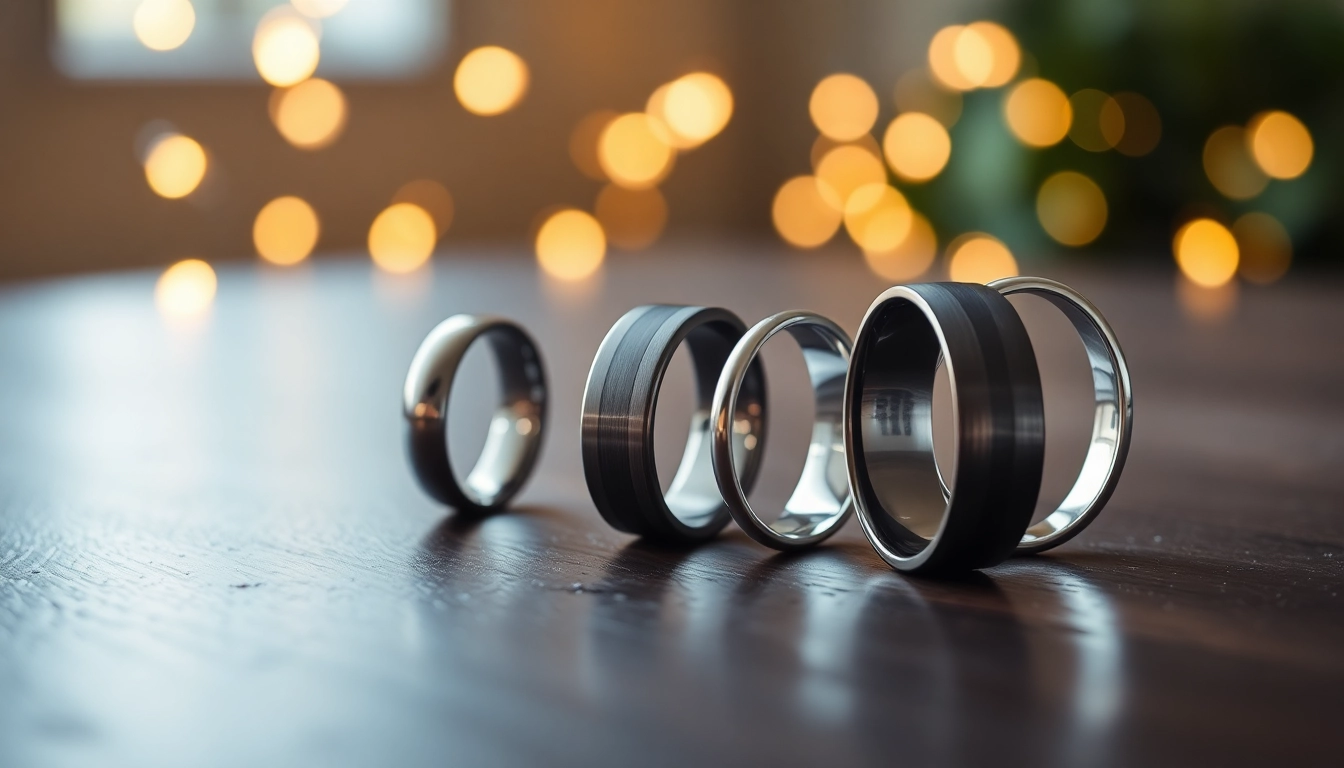 Showcasing stunning tungsten wedding rings with unique finishes and textures on a dark surface.