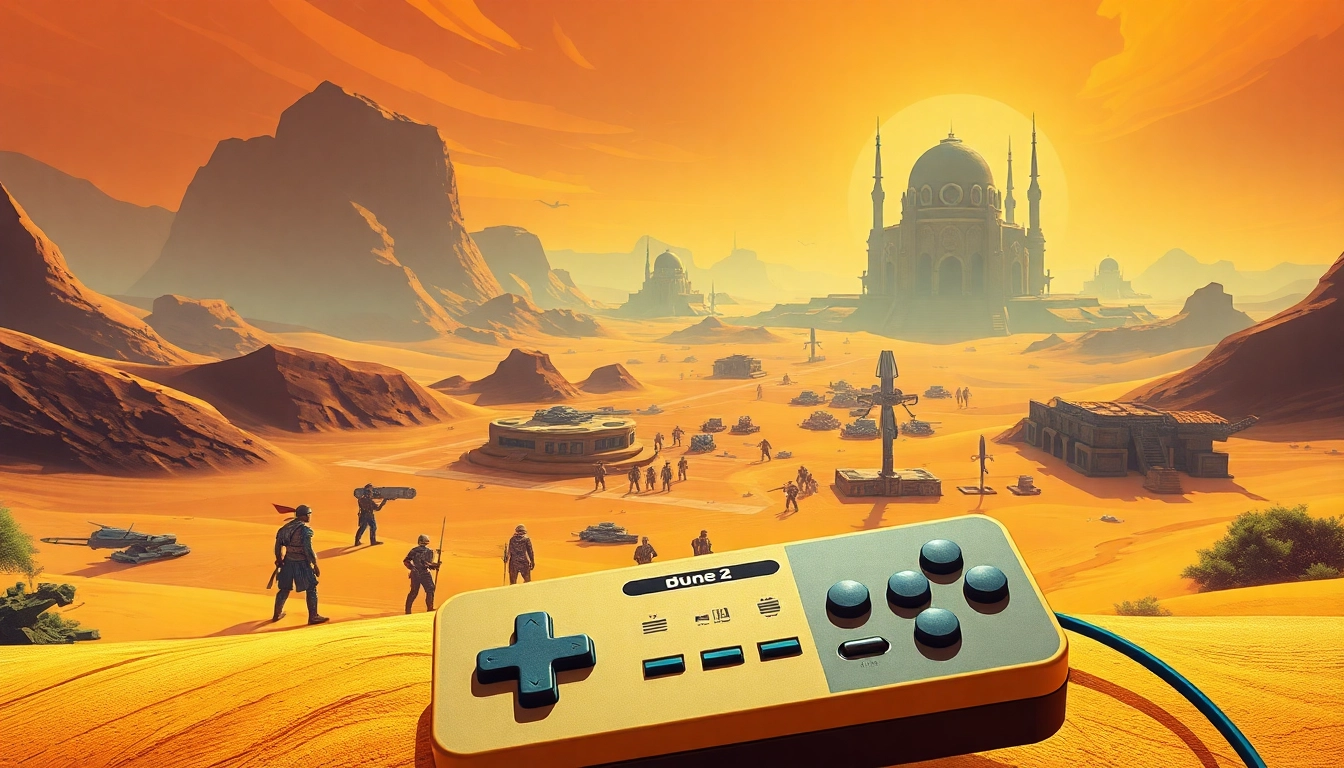 Dune 2 game scene with characters and a retro-futuristic battlefield setting.