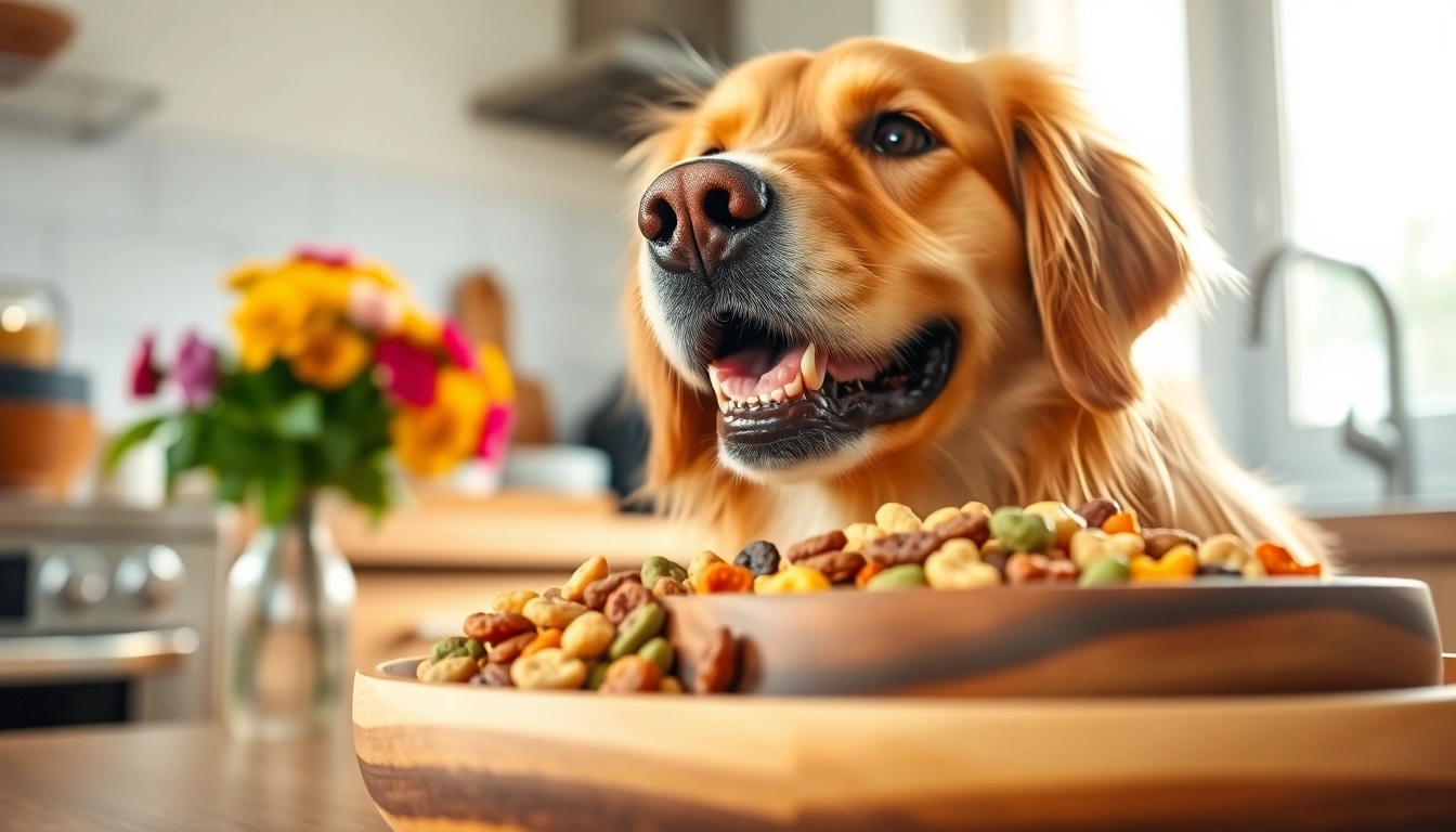 Feeding nature's blend dog food canada to a happy golden retriever in a bright kitchen.