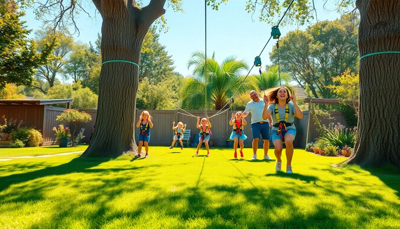 Enjoying the GARDEN ZIP WIRE KIT on a sunny day, kids and adults ride the zip line in a vibrant backyard.