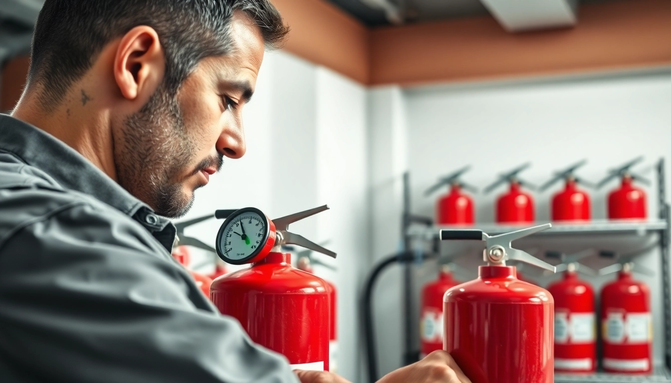 Technician performing fire extinguisher servicing and inspection for safety compliance.
