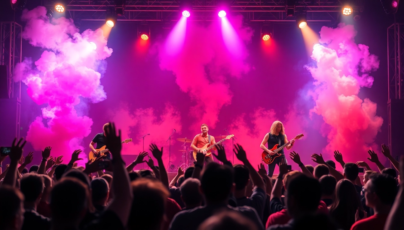 Bandwear culture featuring a lively band on stage with a cheering crowd in the background.